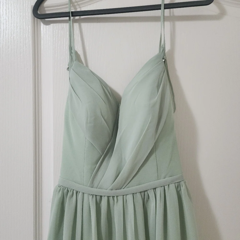 Azazie Sage Green Spaghetti Strap Maxi Dress with High Slit - Picture 3 of 11